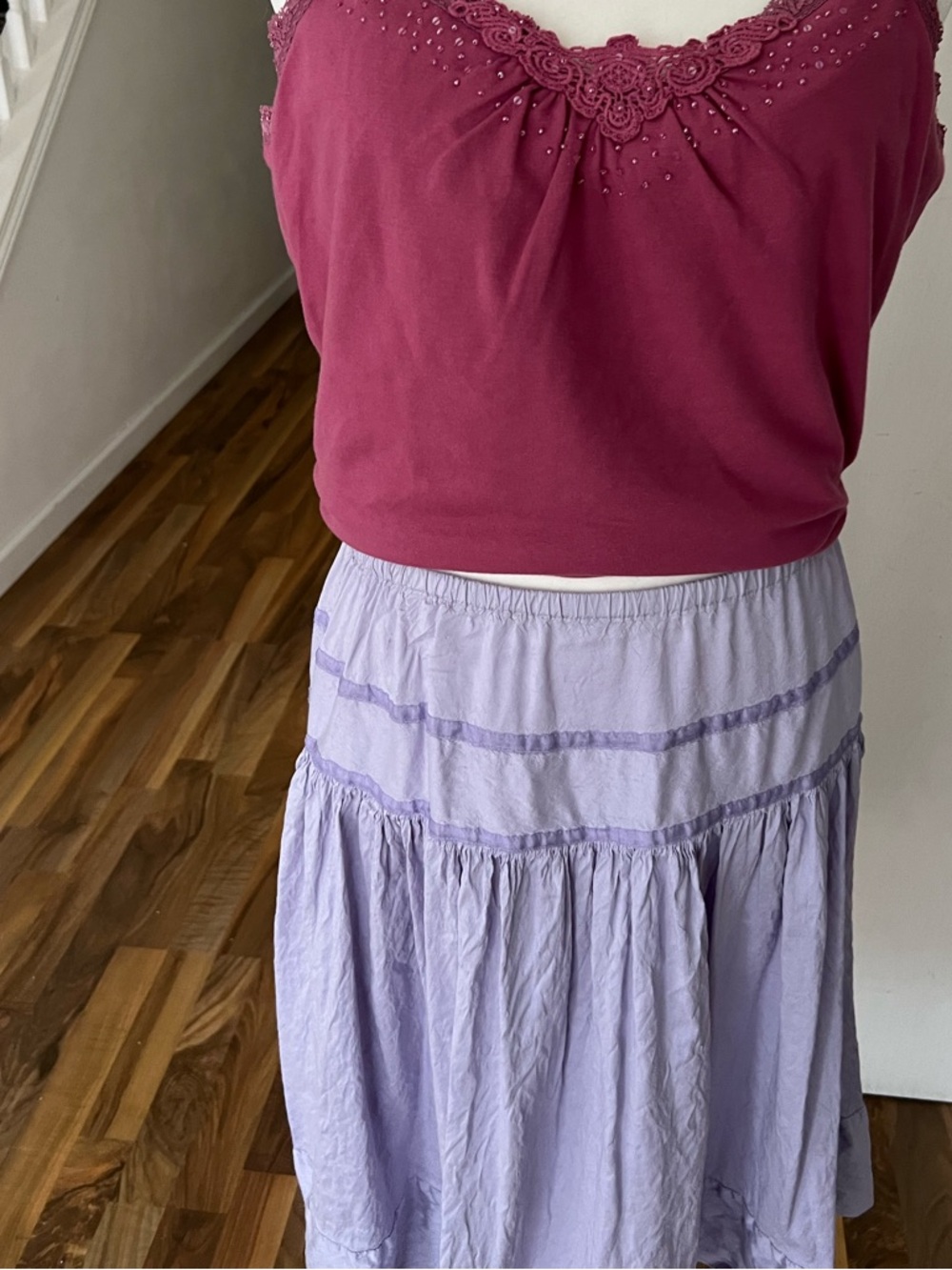 Calypso Christiane Celle Lavender / Purple Tiered Silk Midi Skirt, Medium - Picture 6 of 7